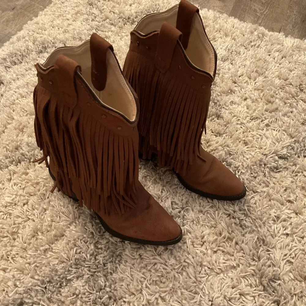 Old West CCY8125‎ Brown Leather Fringe Western Cowgirl Boots Womens 4.5D